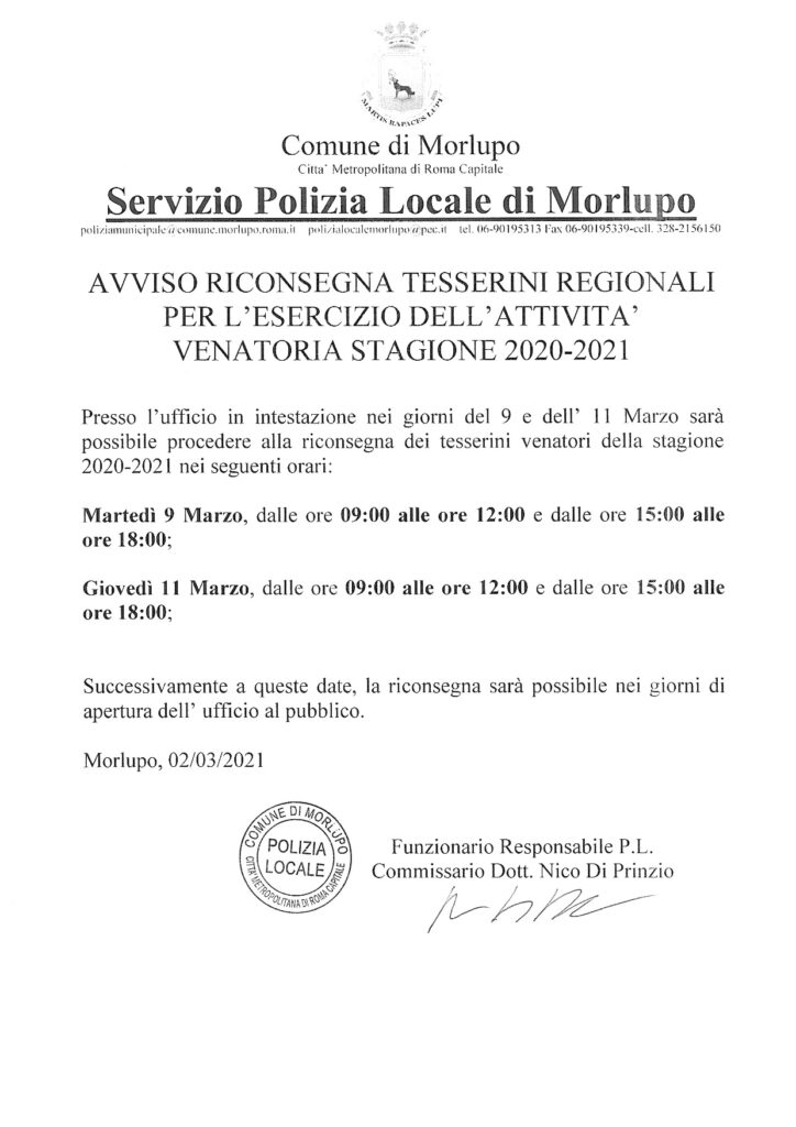 AVVISO RICONSEGNA TESSERINI REGIONALI PER L’ESERCIZIO DELL’ATTIVITA’ VENATORIA STAGIONE 2020-2021