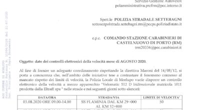 POLIZIA LOCALE – Date dei controlli elettronici della velocita’ – Agosto 2020