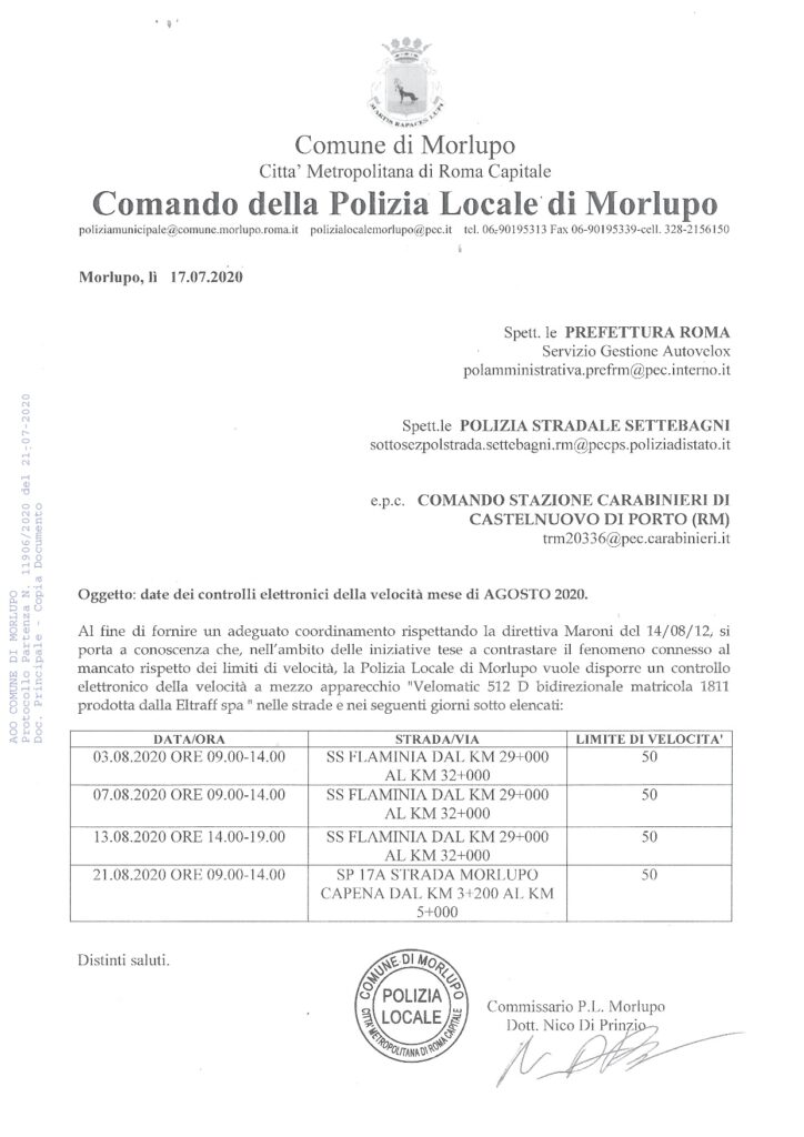 POLIZIA LOCALE – Date dei controlli elettronici della velocita’ – Agosto 2020