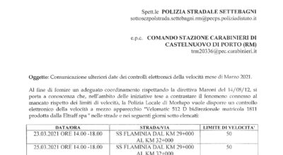 POLIZIA LOCALE – Date dei controlli elettronici della velocita’ – Marzo 2021