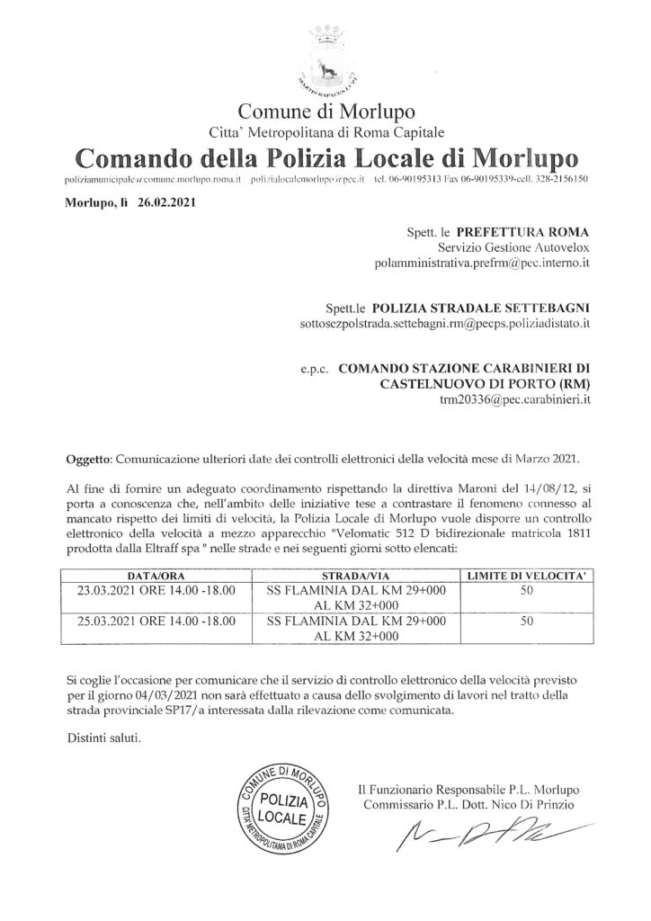 POLIZIA LOCALE – Date dei controlli elettronici della velocita’ – Marzo 2021
