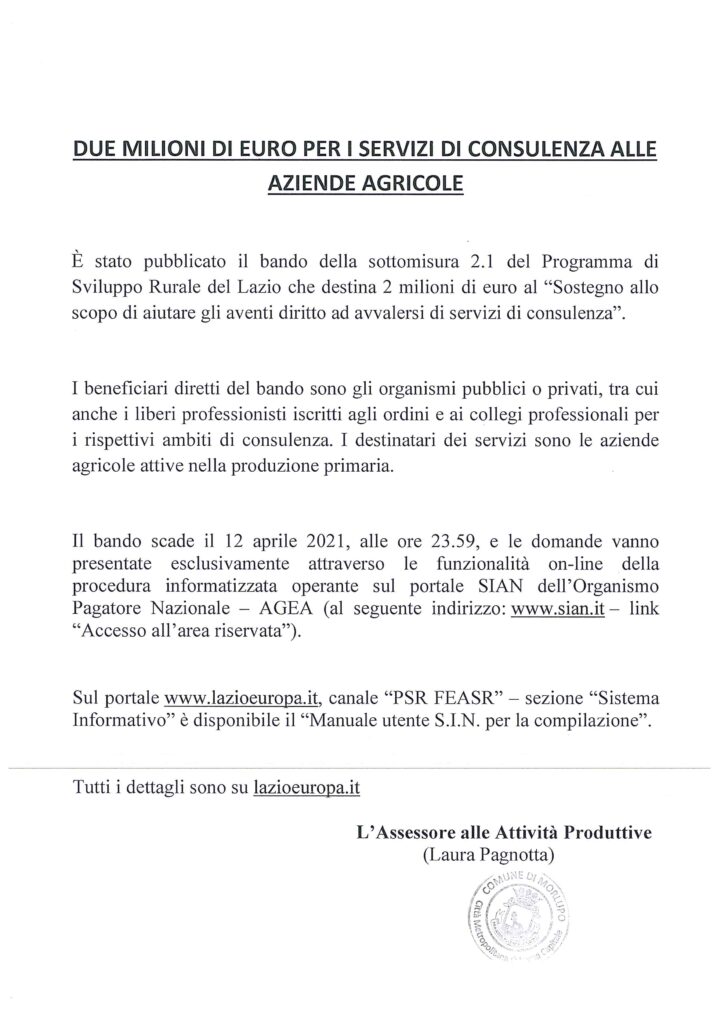 AVVISO – Due milioni di euro per i servizi di consulenza alle aziende agricole