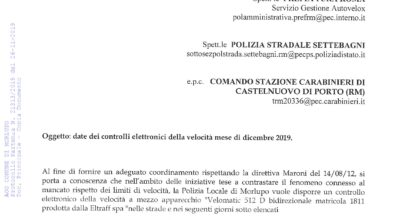 POLIZIA LOCALE – Date dei controlli elettronici della velocità – Dicembre 2019