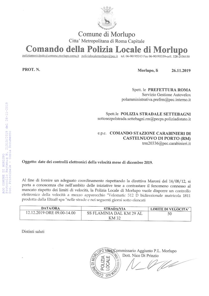 POLIZIA LOCALE – Date dei controlli elettronici della velocità – Dicembre 2019