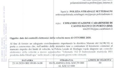 POLIZIA LOCALE – Date dei controlli elettronici della velocita’ – Ottobre 2020