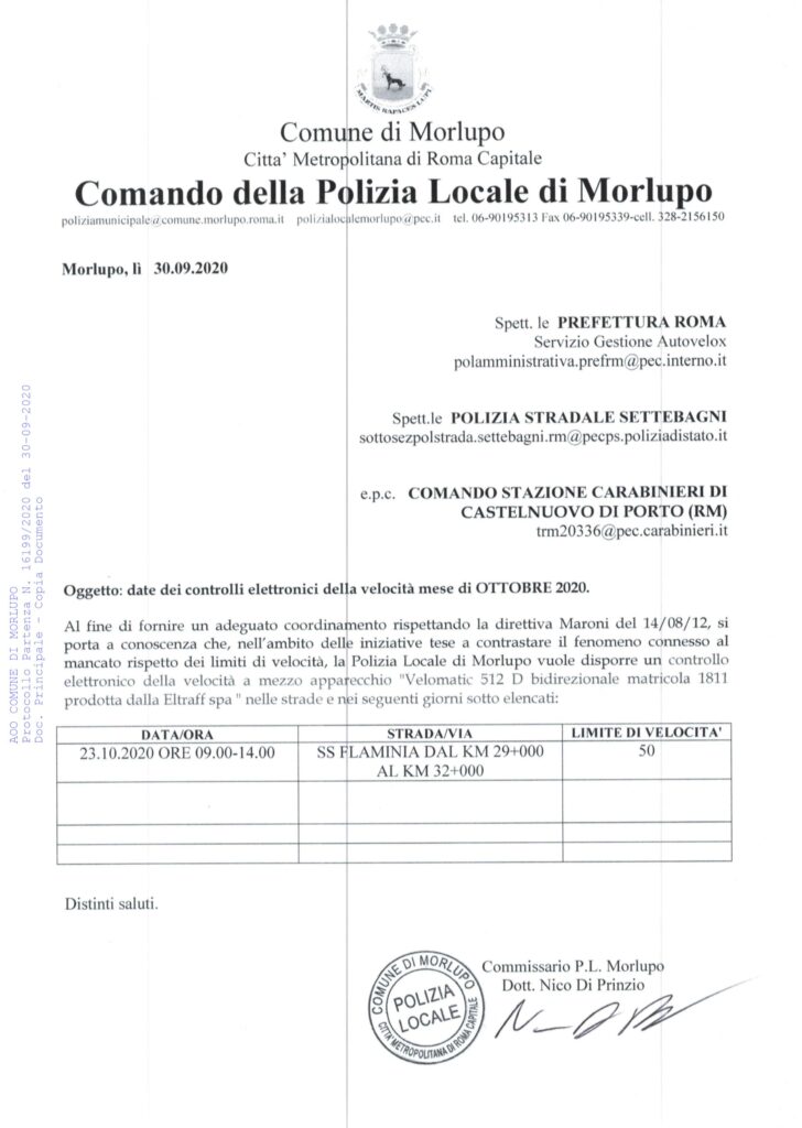 POLIZIA LOCALE – Date dei controlli elettronici della velocita’ – Ottobre 2020