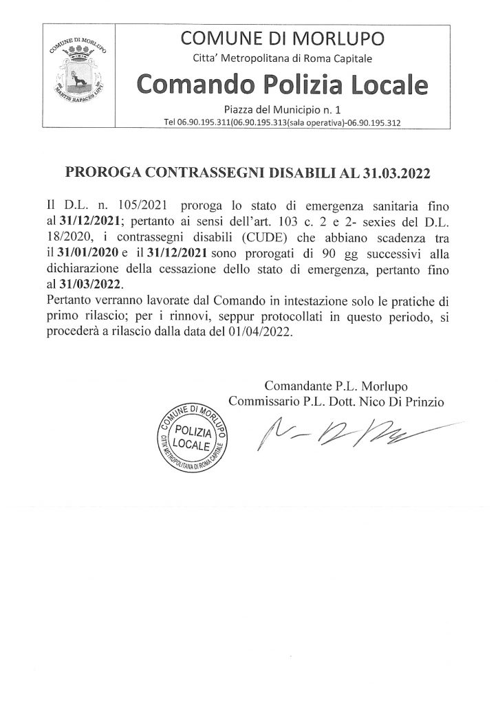 POLIZIA LOCALE – Proroga Contrassegni Disabili al 31 Marzo 2022