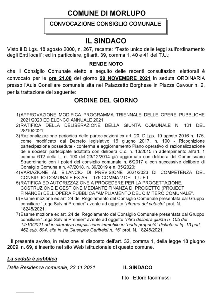 AVVISO – Convocazione Consiglio Comunale 29 Novembre 2021