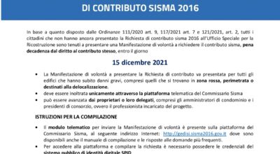 MANIFESTAZIONE DI VOLONTA’ A PRESENTARE LA RICHIESTA DI CONTRIBUTO SISMA 2016 – Riapertura dei termini