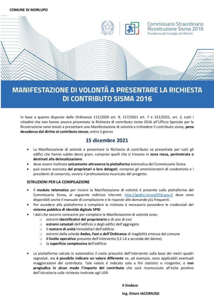 MANIFESTAZIONE DI VOLONTA’ A PRESENTARE LA RICHIESTA DI CONTRIBUTO SISMA 2016 – Riapertura dei termini