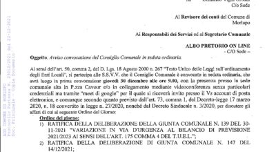 AVVISO – Convocazione Consiglio Comunale 30 Dicembre 2021