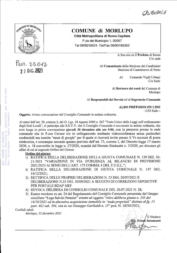 AVVISO – Convocazione Consiglio Comunale 30 Dicembre 2021